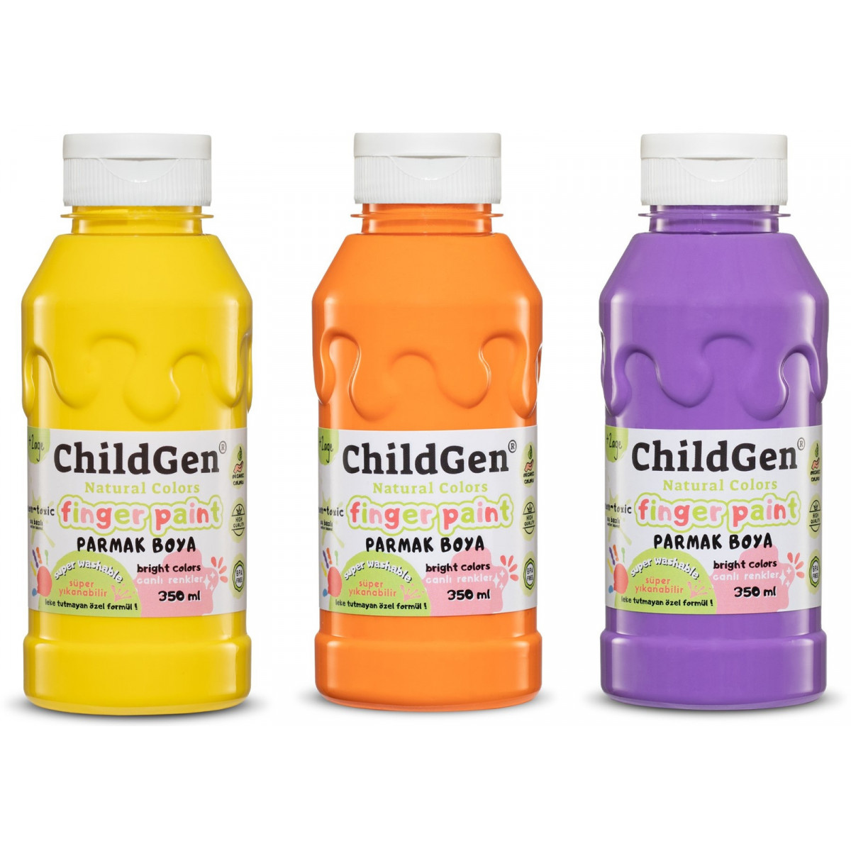 Umývatelné prstové farby ChildGen 3x 350ml - žltá,oranžová,fialová