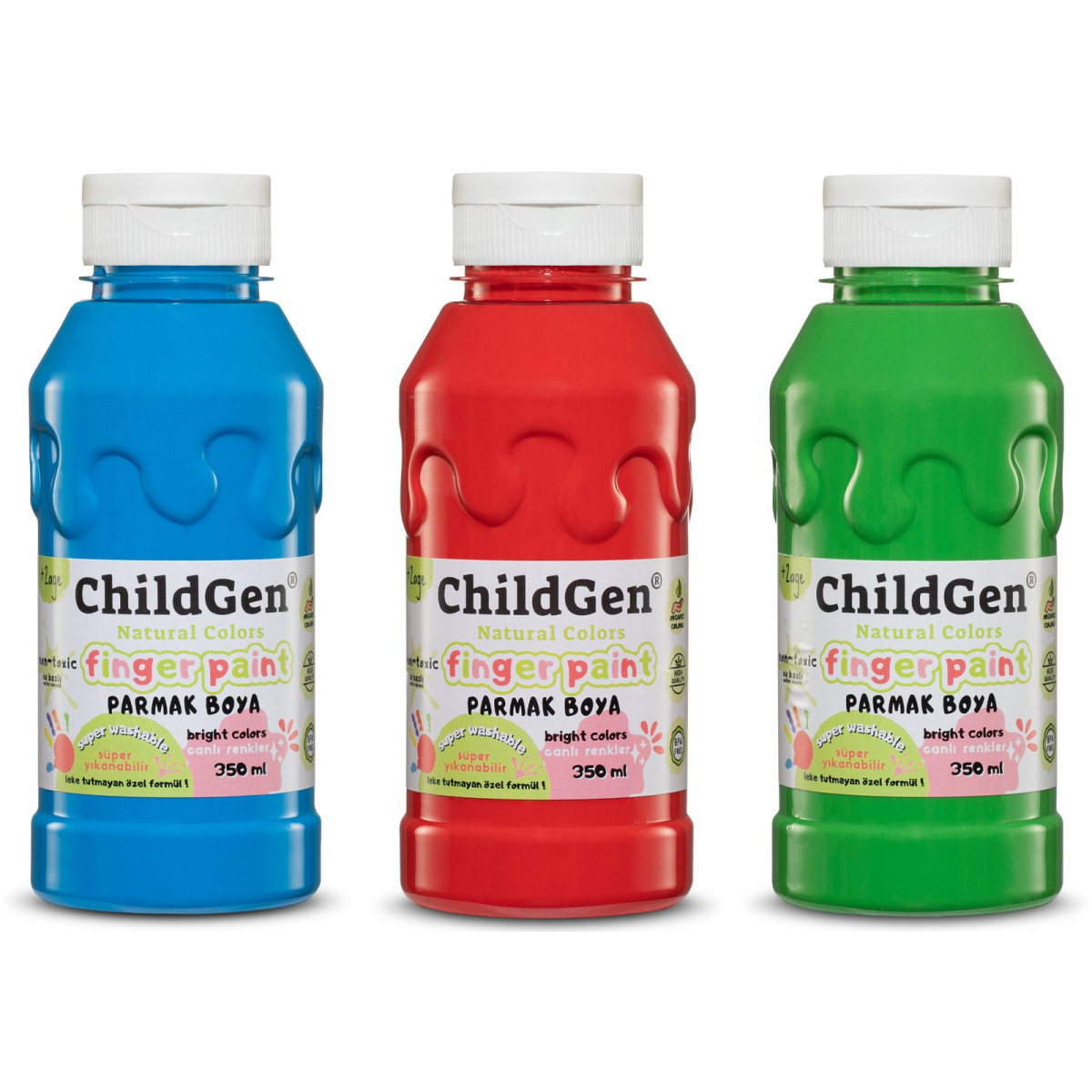 Umývatelné prstové farby ChildGen 3x 350ml - modrá,zelená,červená