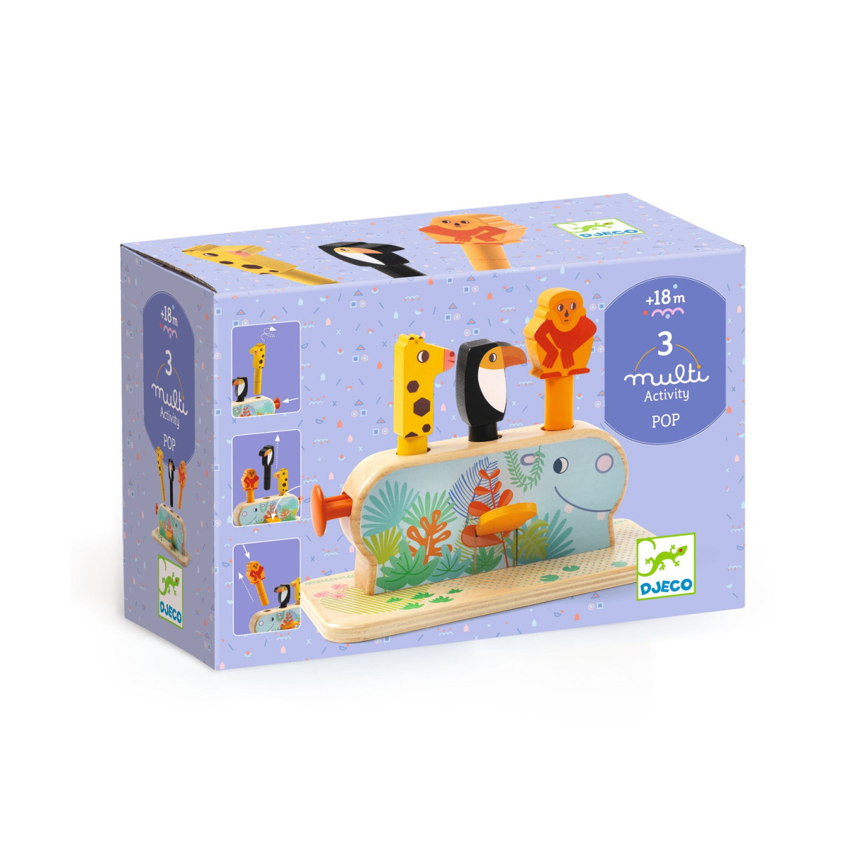Multi Pop: Drevená motorická hračka s 3 vyskakovacími zvieratkami